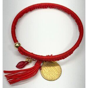 Vintage red amour glass leaf charm tassel bracelet bangle